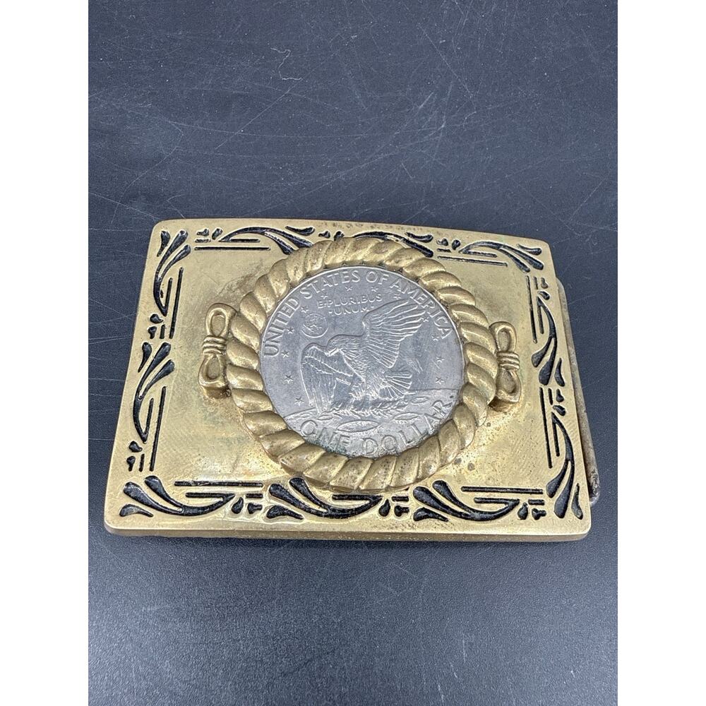Vintage Brass Belt Buckle American Eagle Silver Dollar Style BBB Taiwan